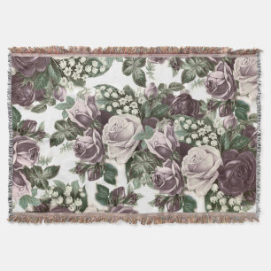 Vintage bohemian burgundy white roses floral throw blanket