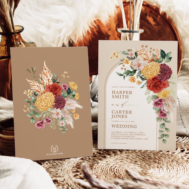 Vintage Bohemian Flowers Rustic Pampas Wedding  Invitation (Creator Uploaded)