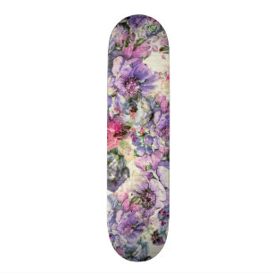 Vintage bohemian pink lavender floral illustration skateboard