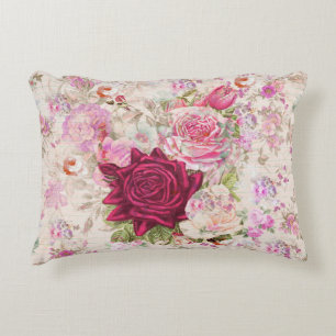 Vintage bohemian pink lavender roses flowers decorative cushion