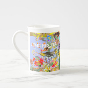 Vintage Bohemian Songbirds Periwinkle Bone China Mug