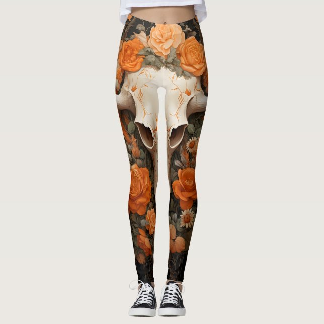 Vintage Bohemian Sugar Skull Bloom Leggings (Front)