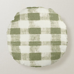 Vintage Bohemian Watercolor Plaid in Moss Green Round Cushion