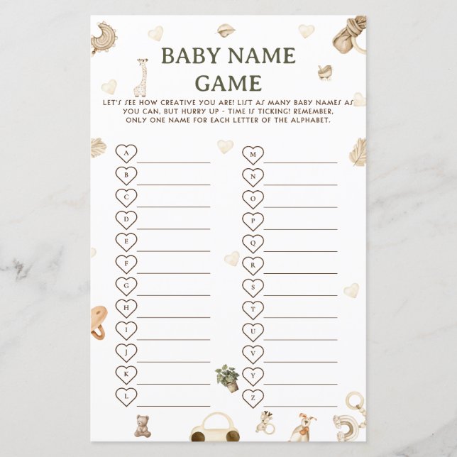 Vintage Boho Baby Shower Baby Name Race Game  (Front)