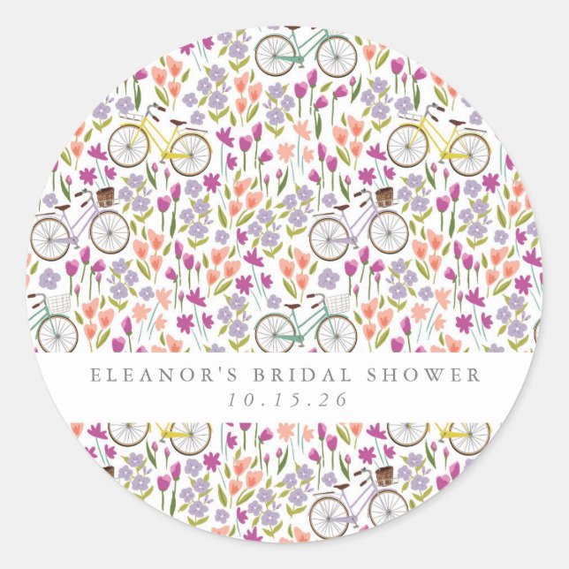 Vintage Boho Bicycle Floral Custom Bridal Shower Classic Round Sticker (Front)