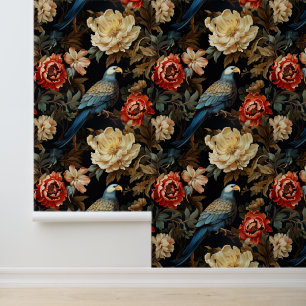 Vintage Boho Blue Cream Red Large Jungle Parrot Wallpaper