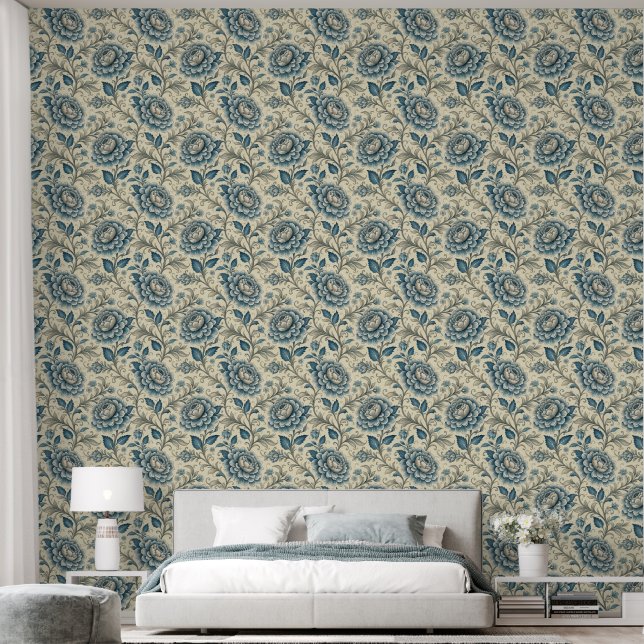 Vintage Boho Blue Floral Wallpaper (Bedroom)