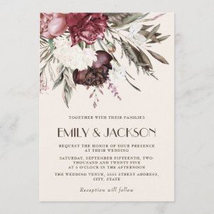 Vintage Boho Burgundy Pink Floral Greenery Wedding Invitation