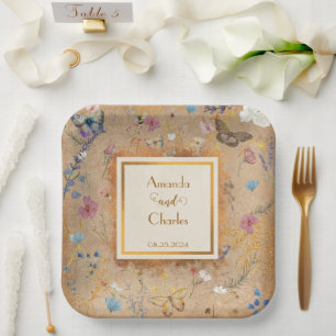 Vintage Boho Butterfly Garden Wedding Paper Plate