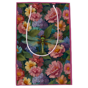 Vintage boho chic pastel floral garden dragonfly  medium gift bag