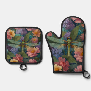Vintage boho chic pastel floral garden dragonfly  oven mitt & pot holder set