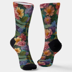 Vintage boho chic pastel floral garden dragonfly socks