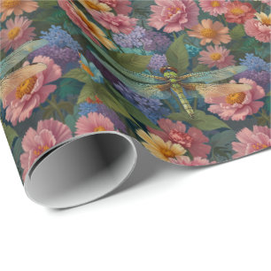 Vintage boho chic pastel floral garden dragonfly  wrapping paper