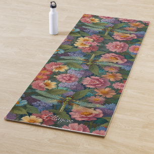 Vintage boho chic pastel floral garden dragonfly  yoga mat