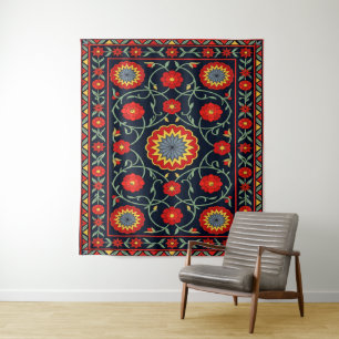 Vintage Boho Crimson Folk Art Floral Rug Tapestry