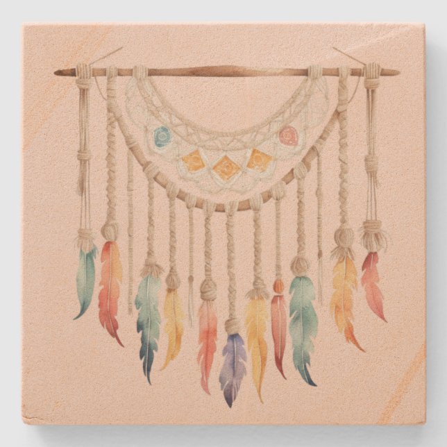 Vintage Boho Feather Dream Catcher Stone Coaster (Front)