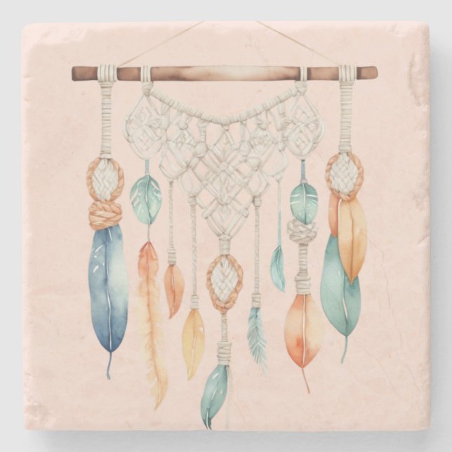Vintage Boho Feather Dream Catcher Stone Coaster (Front)