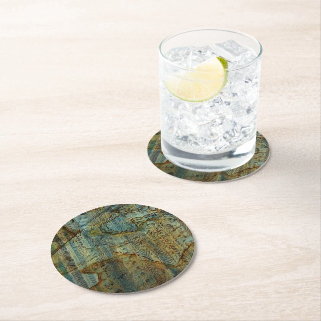 Vintage Boho Feather Marble Stone Round Paper Coaster (Insitu)