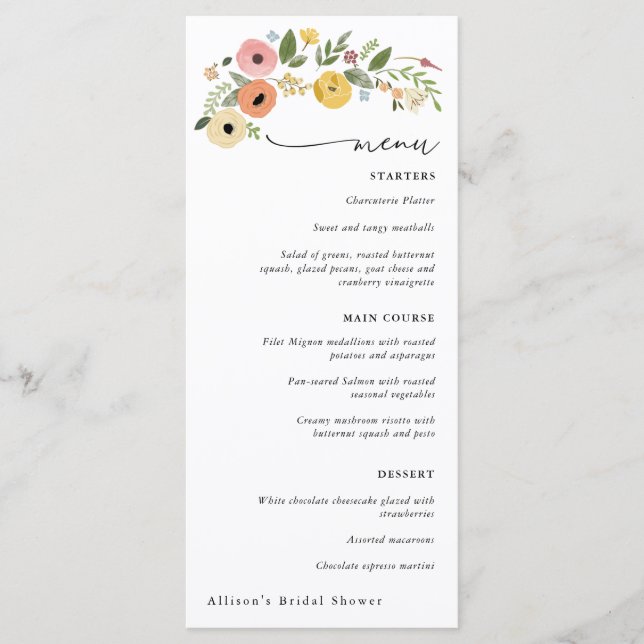 Vintage Boho Floral Bridal Shower Menu (Front)