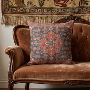 Vintage Boho Floral Kilim Rust Terracotta & Teal Cushion
