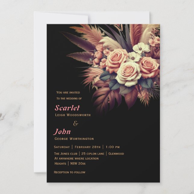 Vintage boho floral pampas grass wedding invitation (Front)