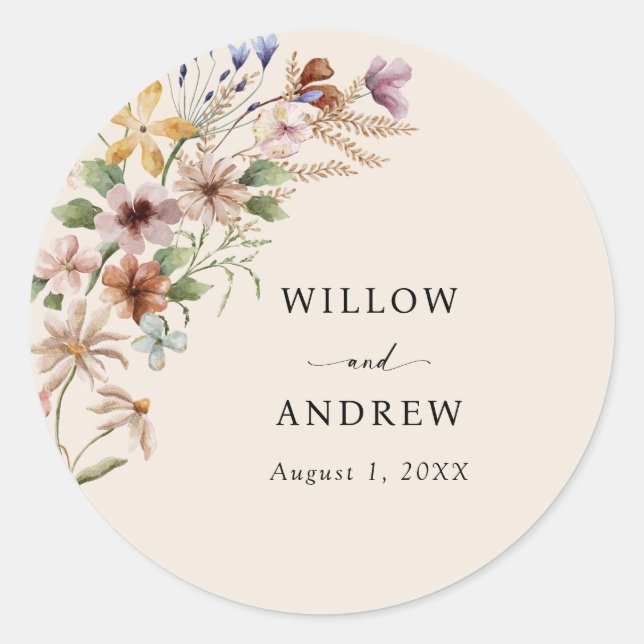 Vintage Boho Floral Wedding Classic Round Sticker (Front)