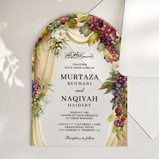 Vintage Boho Grapes Arch Muslim Wedding Acrylic Invitations (Creator Uploaded)