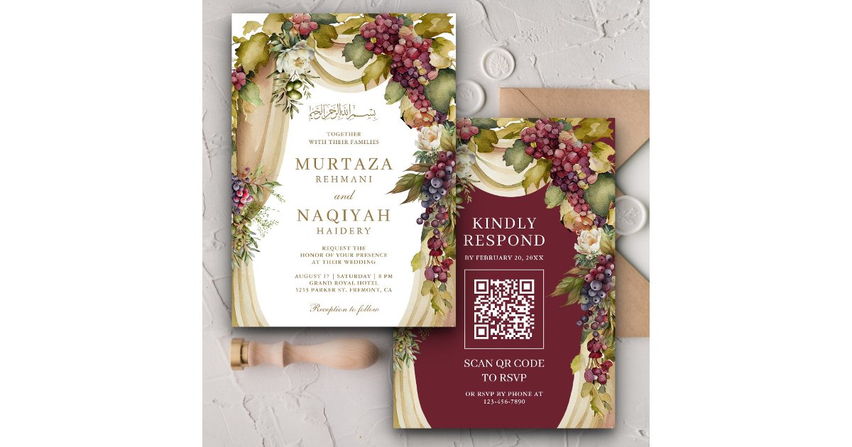 Vintage Boho Grapes Arch QR Code Muslim Wedding Invitation | Zazzle