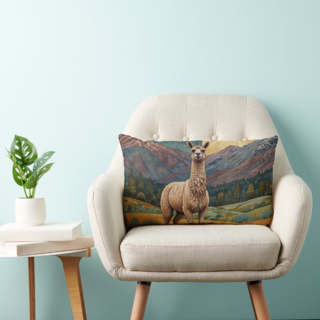 Vintage boho llama alpaca vintage landscape  lumbar cushion (Chair)