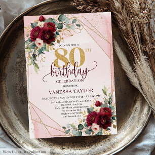 Vintage Boho Merlot Gold Flowers 80th Birthday  Invitation