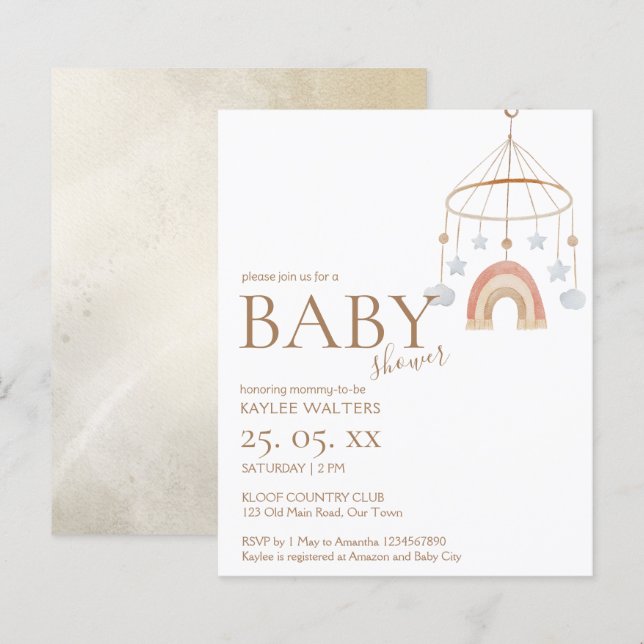 Vintage boho mobile budget baby shower invitation (Front/Back)