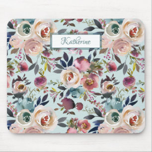 Vintage Boho Named Painted Roses Dusty Green Mouse Mat