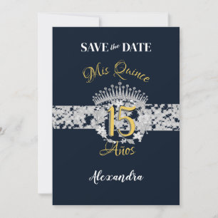 Vintage Boho Navy Silver Quinceañera Spanish  Save The Date