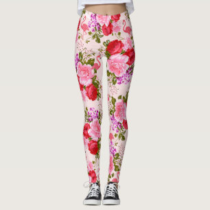 Vintage boho pink roses floral tropical flamingo leggings