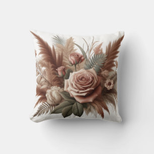 Vintage Boho rose flowers with pampas grass Cushion