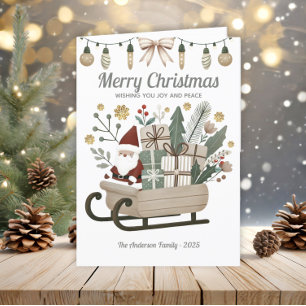Vintage Boho Santa Sleigh Earth Tones Christmas Holiday Card