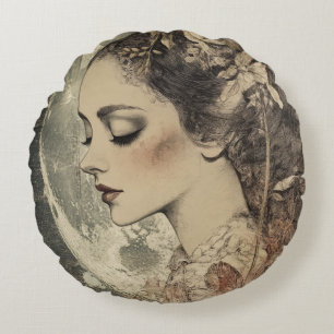 Vintage Boho Sideview Woman and Crescent Moon Round Cushion