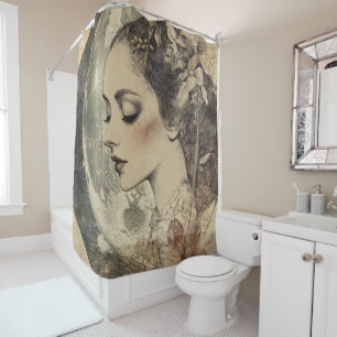 Vintage Boho Sideview Woman and Crescent Moon Shower Curtain