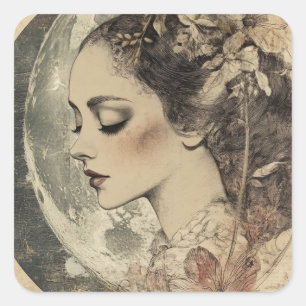 Vintage Boho Sideview Woman and Crescent Moon Square Sticker