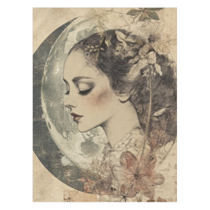 Vintage Boho Sideview Woman and Crescent Moon Tablecloth