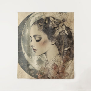 Vintage Boho Sideview Woman and Crescent Moon Tapestry