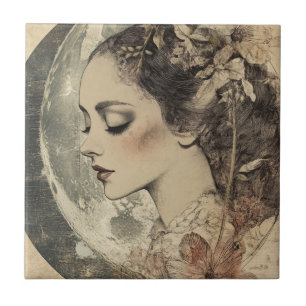 Vintage Boho Sideview Woman and Crescent Moon Tile