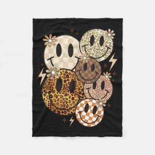 Vintage boho smile face leopard chequered flowers fleece blanket