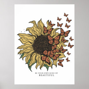 Vintage Boho Sunflower with Butterflies Poster