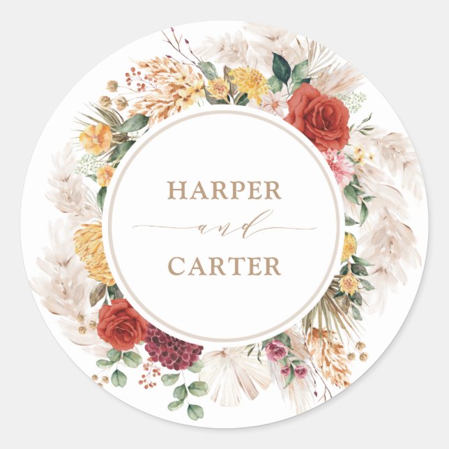 Vintage Boho Tropical Pampas Grass Floral Wedding Classic Round Sticker (Front)