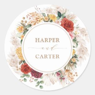 Vintage Boho Tropical Pampas Grass Floral Wedding Classic Round Sticker