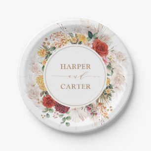 Vintage Boho Tropical Pampas Grass Floral Wedding Paper Plate