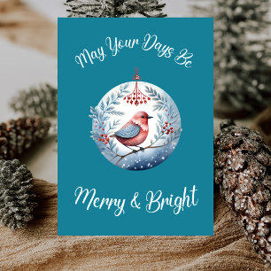 Vintage Boho Whimsical Bird Cool Blues Christmas Holiday Card