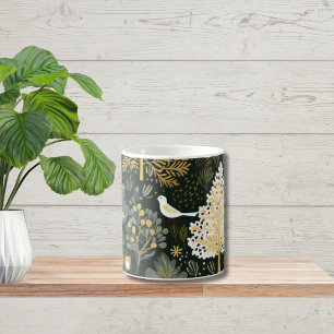 Vintage Boho White Green Gold Bird Trees Coffee Mug
