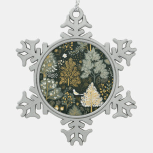 Vintage Boho White Green Gold Christmas Trees Snowflake Pewter Christmas Ornament